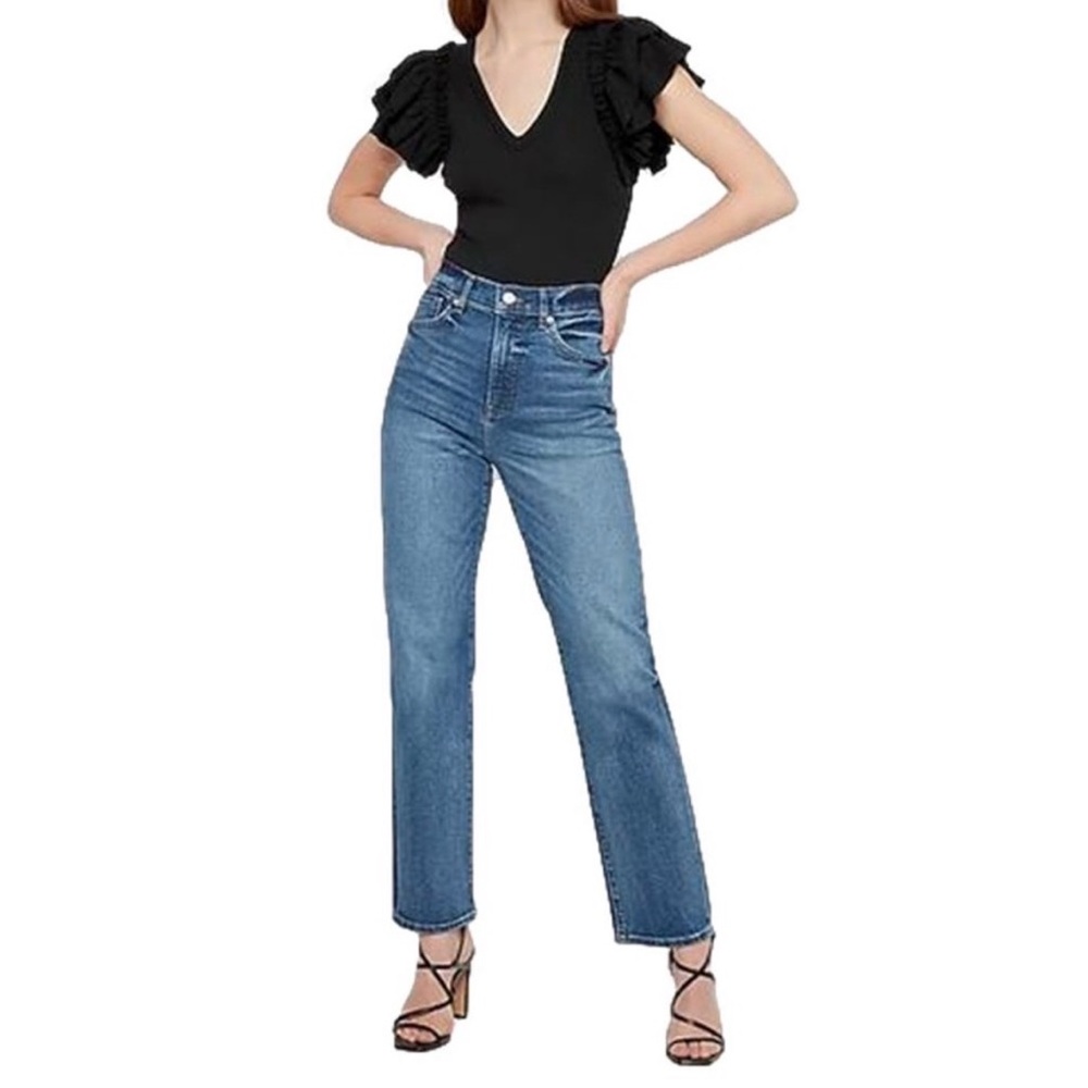 Express Ruffle Sleeve Ribbed V-Neck Top Shirt Bodysuit Black Size M Stretchy